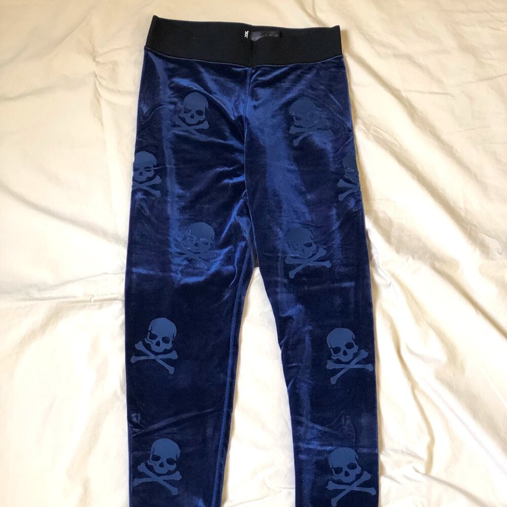 Soulcycle x Ultracor Blue Velour Leggings with Skulls